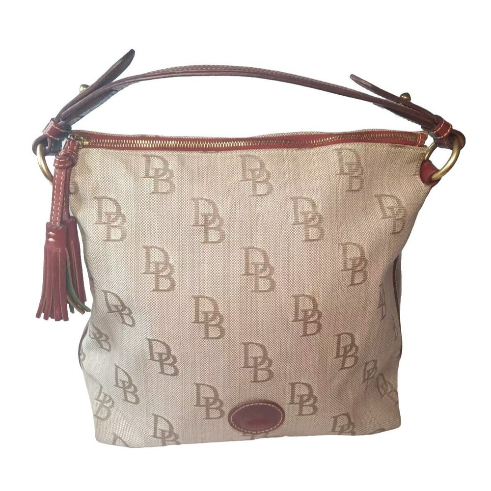 Dooney & Bourke Brown Signature Hobo Canvas Shoulder Bag Leather Trim